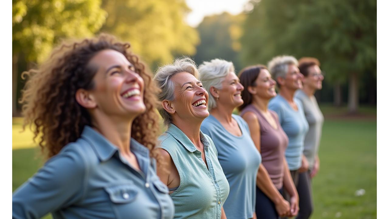 Group of diverse adults engaging in mindful activities, smiling and looking healthy. Represents community, wellness, and thriving after 35.