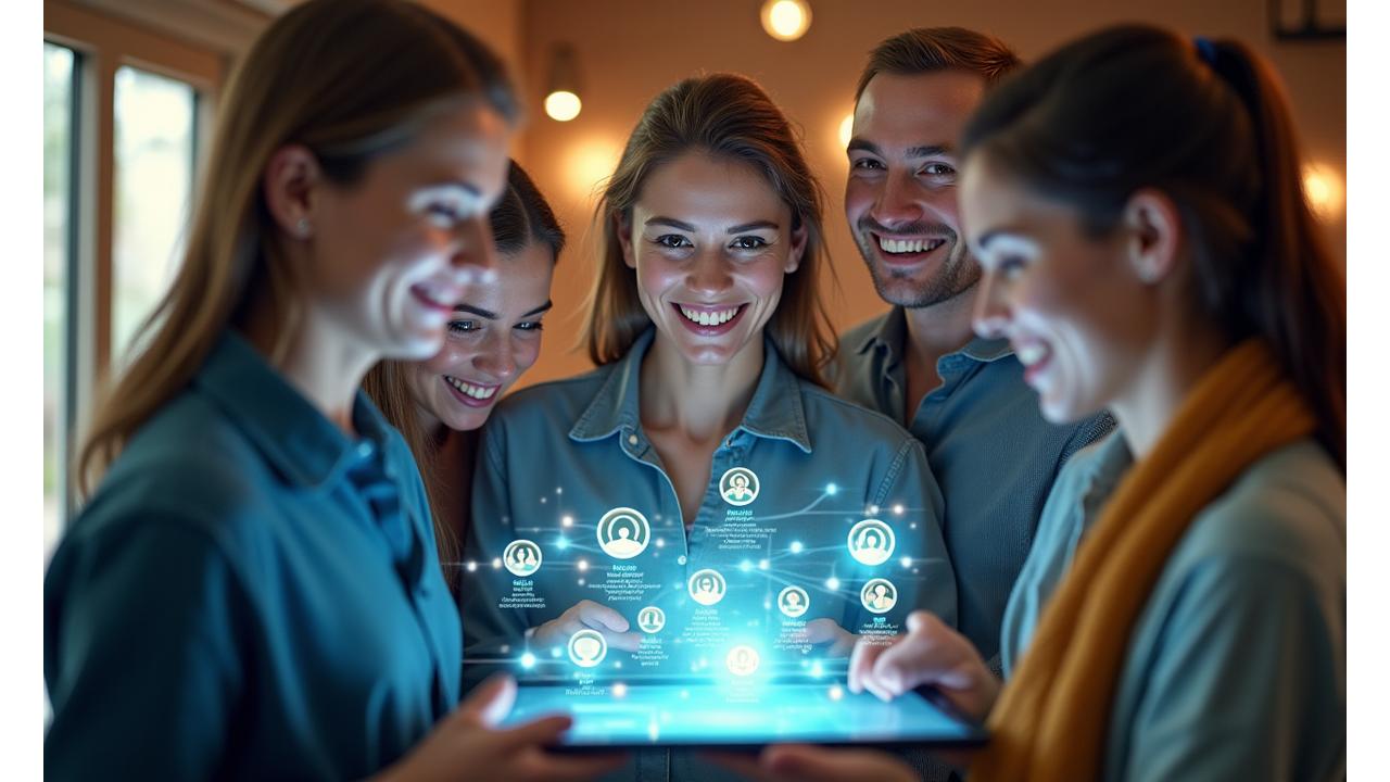 Diverse group of adults engaged in a focused, joyful digital community discussion, subtly showing a live feed preview on a tablet screen, embodying connection and support.