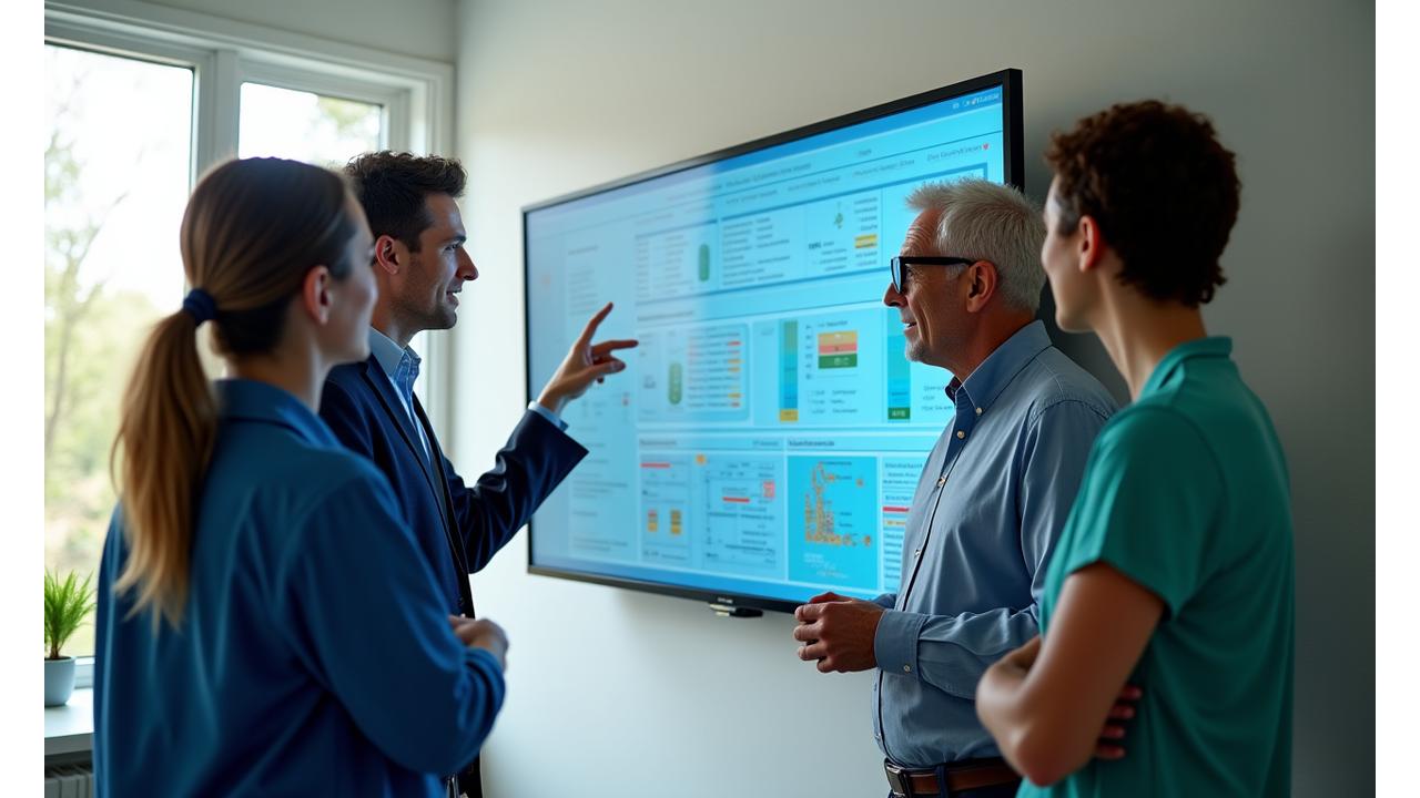 A diverse group of health professionals collaborating, reviewing data on a screen, and engaging in discussion, representing expert moderation and a scholarly environment. Springfield, IL is implicitly connected via the company's location.