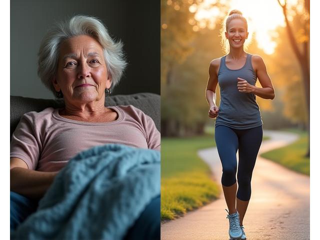 Sarah's transformation: split image showing before unhealthy lifestyle vs. after radiant, active health