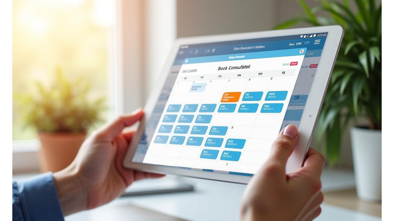 A clean, modern online calendar interface displaying available appointment slots and a 'Book Consultation' button.