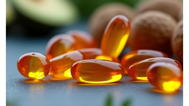 Close-up of omega-3 supplement capsules with a blurred background of healthy foods.