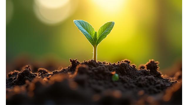 A vibrant green plant sprouting from fertile soil, representing growth, vitality, and longevity.