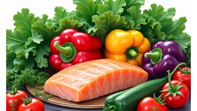 Fresh, vibrant ingredients for a healthy meal, like leafy greens, colorful vegetables, and lean protein.
