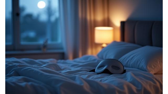 A tranquil bedroom scene with soft lighting, fresh linens, and an eye mask, promoting restful sleep.