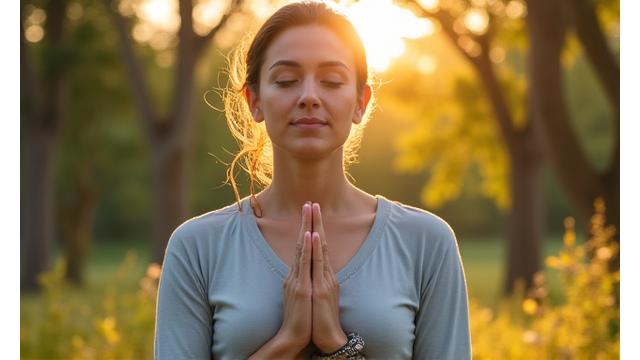 A person practicing mindfulness outdoors, hands gently clasped, with a serene expression, surrounded by soft natural light.