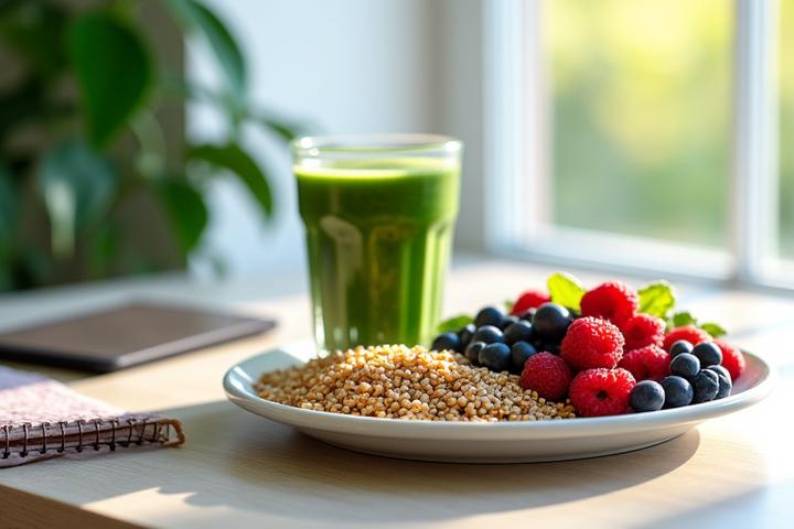 A balanced breakfast with whole grains, berries, and a green smoothie, suggesting a healthy start to the day.