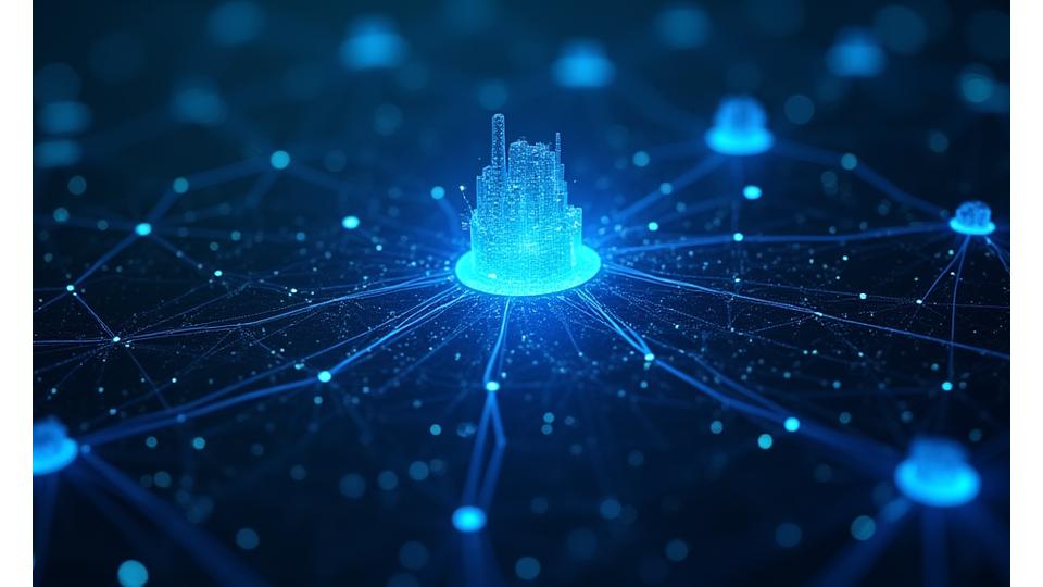 Secure data network represented by interconnected glowing nodes and protective barriers, set against a dark background.