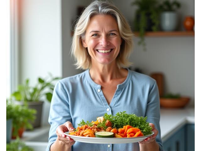 Woman happily eating a healthy, vibrant meal of fresh vegetables and lean protein, representing functional nutrition for optimal health.