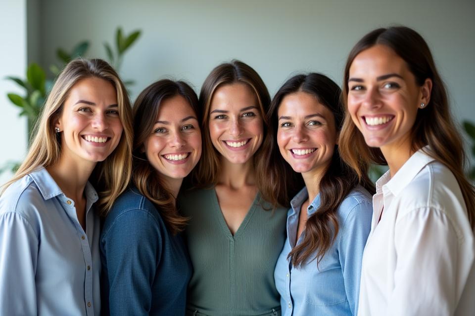 A diverse group of cheerful, professional nutritionists and wellness coaches from Metamorph Collective in a modern, bright office setting.