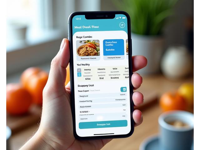 A modern smartphone displaying a user-friendly meal planning app interface with drag-and-drop recipe cards and a grocery list feature.