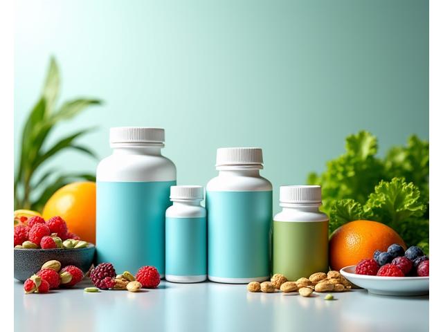 A collection of high-quality supplement bottles and various functional foods like seeds, berries, and green vegetables, arranged aesthetically.