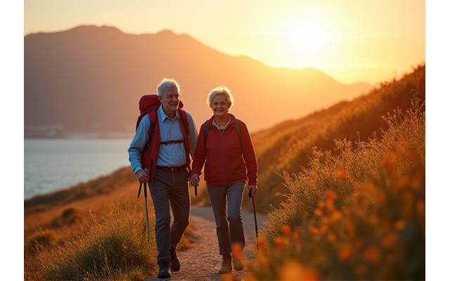 Elderly but vibrant man and woman hiking together, symbolizing active longevity and preventive health.