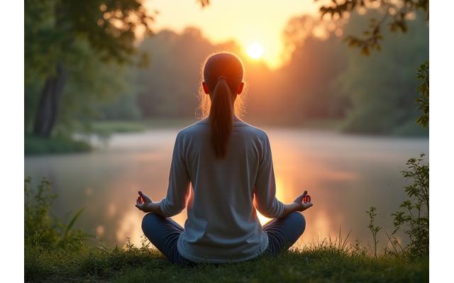 Person meditating peacefully outdoors, representing mental clarity and stress reduction.