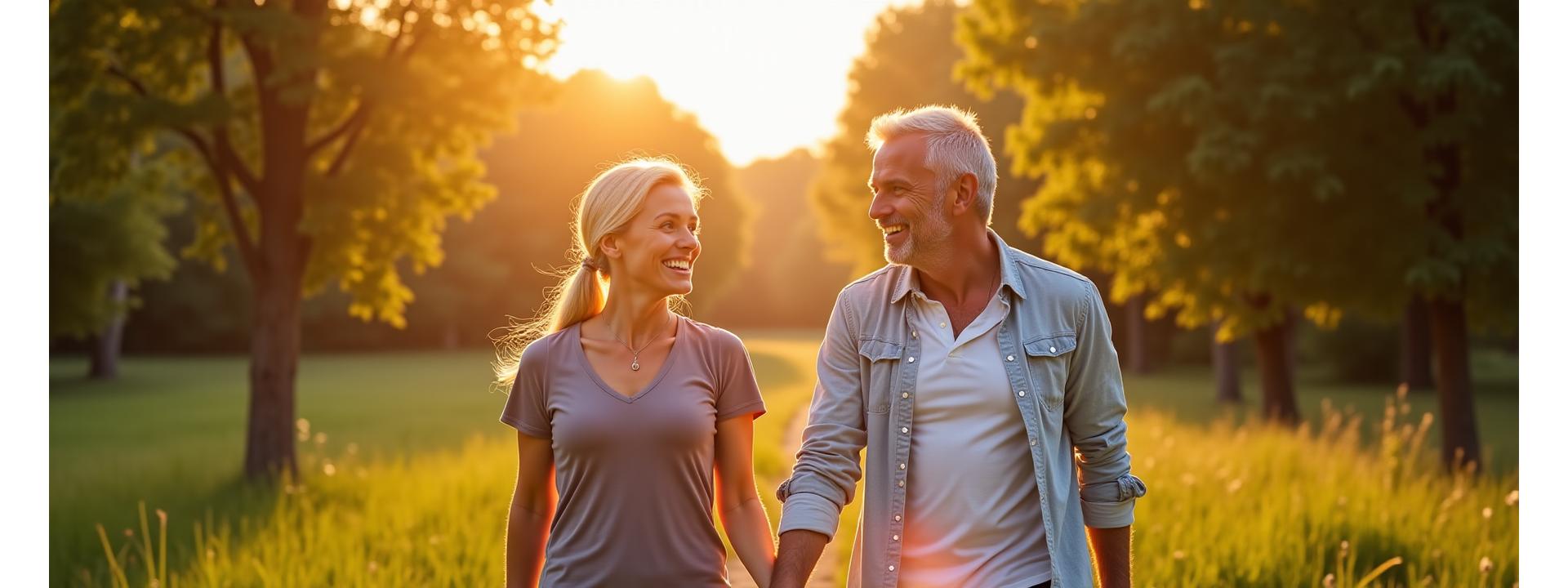 Confident adult couple in their late 30s to early 50s, smiling, engaging in light outdoor activity like walking in a park, radiating vitality and health.