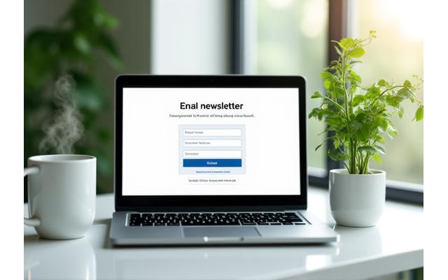 Open laptop displaying a newsletter signup form with fresh, green plant accents, symbolizing growth and health.