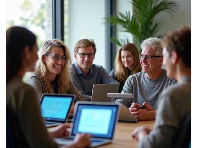 Diverse group of adults interacting positively in a modern community forum setting, with people chatting and smiling.