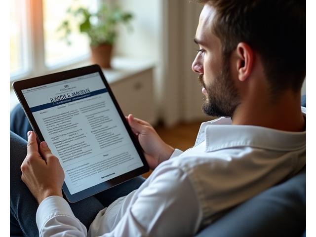 Man reading a comprehensive guide on a tablet, focusing on 'Lifestyle Upgrades' with a tranquil background.