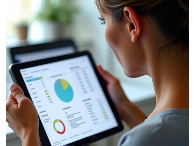 Woman reviewing a personalized health dashboard on a tablet, looking determined and engaged.