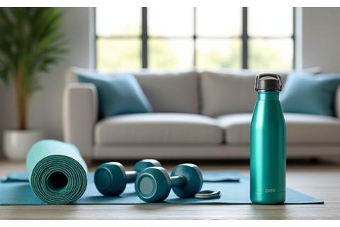 A compact, stylish home gym setup in a modern living space, showing minimalist equipment like resistance bands and adjustable dumbbells.