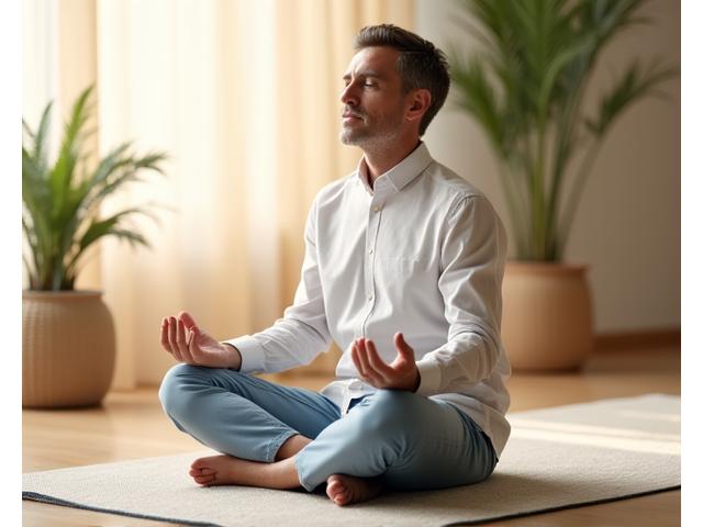 A person seated in a calm, minimalist setting with eyes closed, practicing mindfulness meditation, with a soft, warm glow.