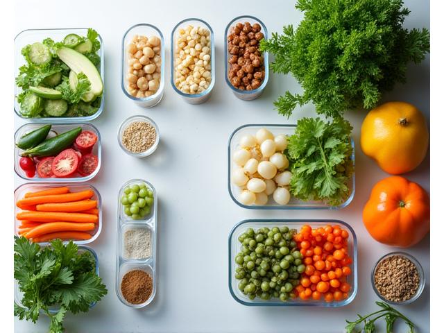 A perfectly organized meal prep station with colorful, healthy ingredients and prepared dishes in containers.