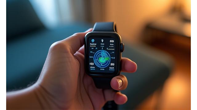 Close-up of a digital device displaying various health biomarkers like heart rate, sleep cycles, and activity levels.