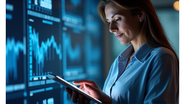 A person reviewing health screening results on a tablet, with biometric data visualizations in the background.