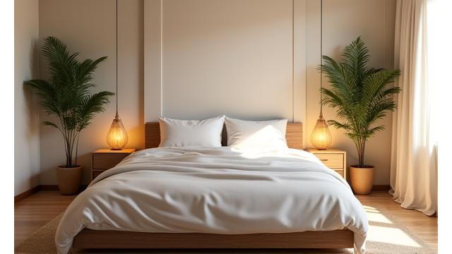 A serene, minimalist bedroom with soft lighting, natural textures, and a comfortable bed, emphasizing a perfect sleep environment.