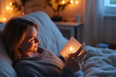 Person winding down with a book and herbal tea in a calm evening setting.