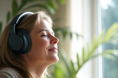 Person with headphones, eyes closed, listening to a guided meditation session amidst gentle nature elements.