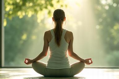 Individual practicing gentle mindful movement or yoga in a bright, tranquil space.