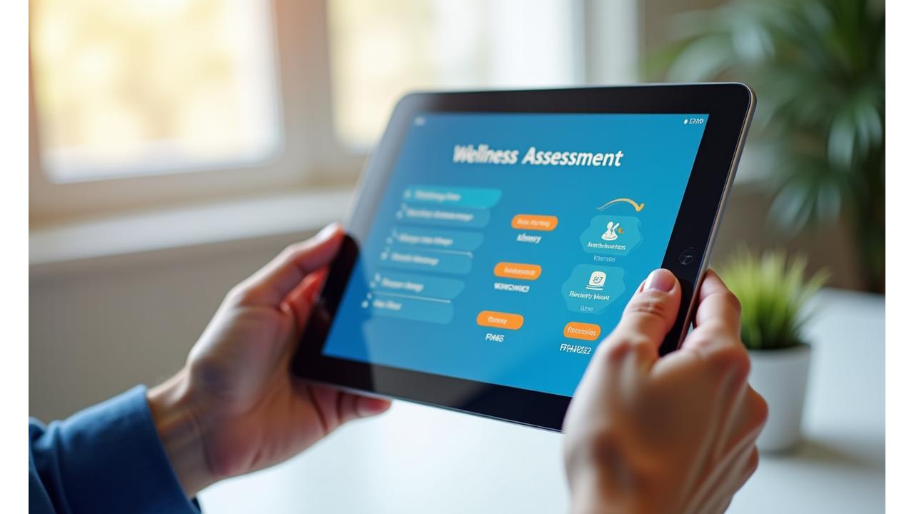 A person interacting with a tablet displaying a comprehensive wellness assessment interface