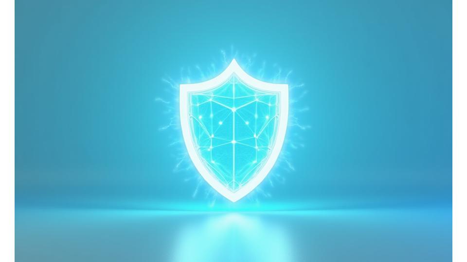 Stylized digital shield representing data protection and privacy, surrounded by subtle glowing lines.
