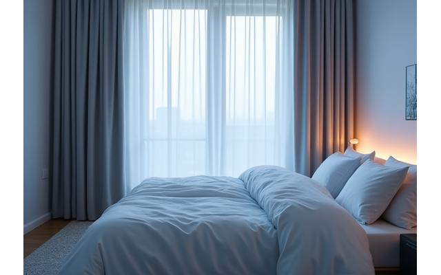 Bedroom optimized for sleep with blackout curtains, dim lighting, and a neat, inviting bed. Features smart environmental controls.