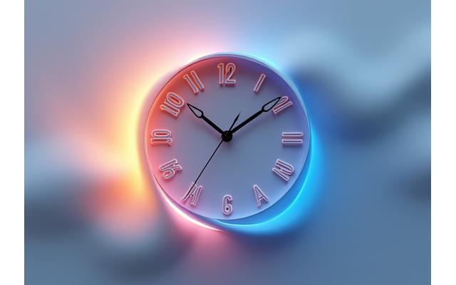 Stylized clock face overlaid with natural light and darkness, illustrating the daily cycle of human circadian rhythm