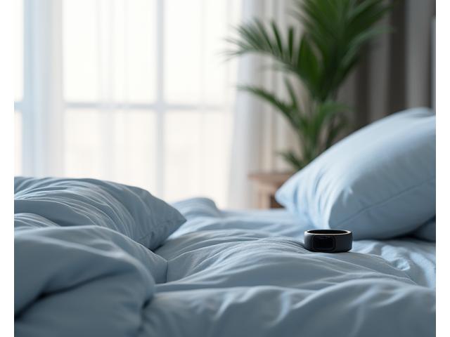 Serene bedroom with soft lighting and a digital sleep tracker on a nightstand, representing healthy sleep and recovery after 35