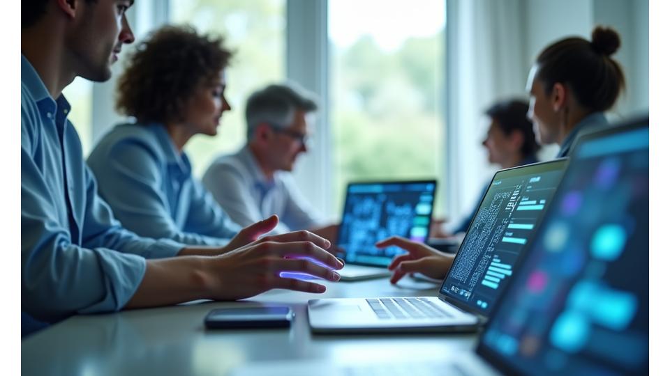 Diverse group of adults discreetly interacting and collaborating on a clean, modern digital community platform interface, symbolizing respectful engagement and shared wellness goals.