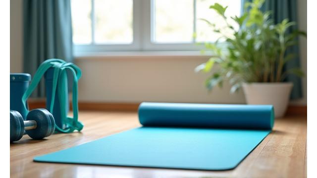 A modern home gym setup with resistance bands, adjustable dumbbells, and a yoga mat, ready for a productive workout session.