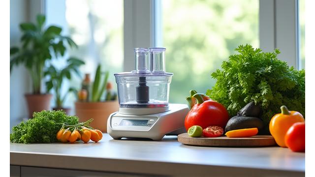 A clean, modern kitchen counter with ergonomic cooking tools and fresh, vibrant ingredients like leafy greens and colorful fruits, promoting healthy eating.