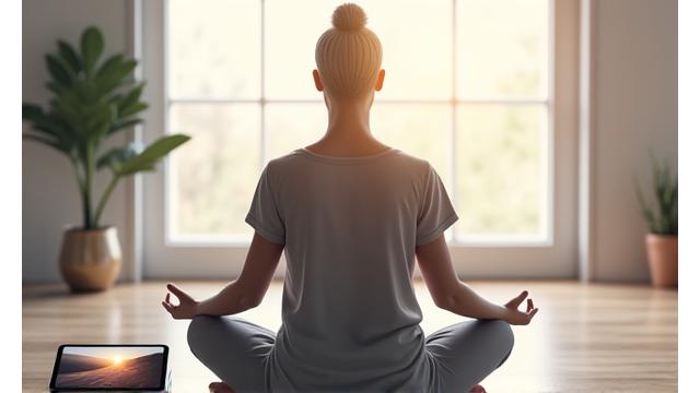 A person meditating in a serene, minimalist room, with a subtle aura of calm, beside a tablet displaying a mental wellness app.