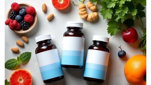 A collection of elegant, clearly labeled supplement bottles and natural nutritional ingredients like berries and nuts, indicative of purity and health.