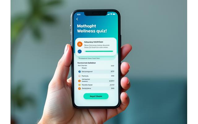 A sleek smartphone displaying an interactive wellness quiz interface with progress bars and thoughtful questions, suggesting a personalized digital experience.